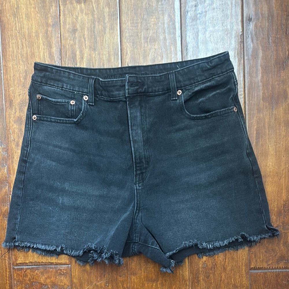 American Eagle Outfitters Black Jean Shorts High-Waisted Frayed Hem Size 14